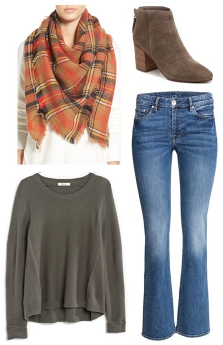 Plaid scarf bootcut jeans green sweater suede boots