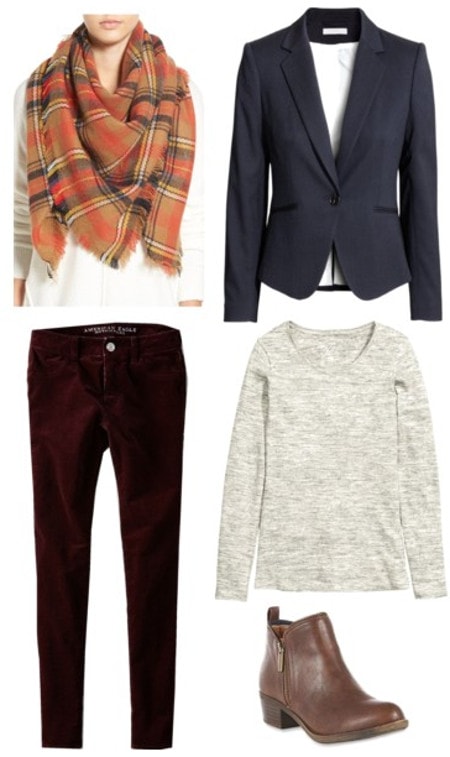 Plaid scarf red corduroy pants navy blazer gray tee brown boots