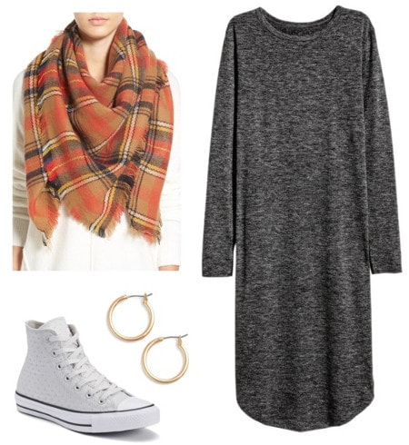 Gray tee dress plaid scarf white sneakers gold earrings