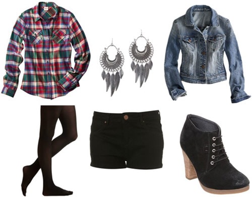 Outfit idea: Plaid shirt, shorts, tights, denim jacket, ankle booties
