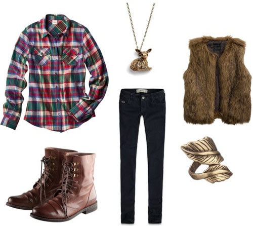 Outfit idea: Plaid shirt, fur vest, lace-up boots, skinny jeans, jewelry