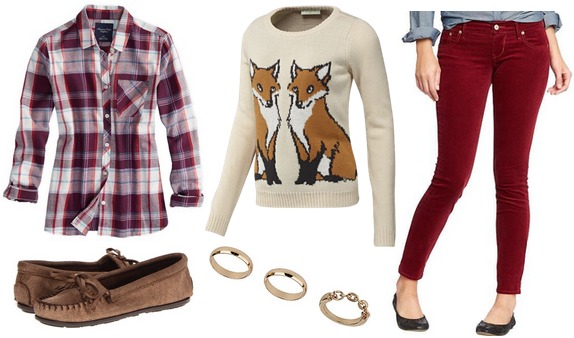 Plaid shirt, graphic sweater, cords, mocs