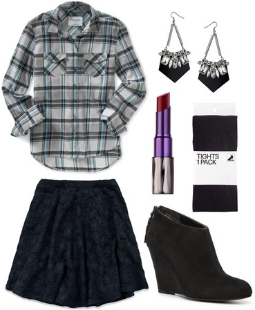 Plaid shirt, lace skirt, ankle booties, tights