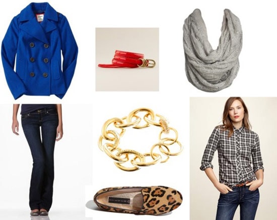 Plaid shirt outfit 3: Cobalt coat, dark wash jeans, leopard loafers, bright belt, infinity scarf