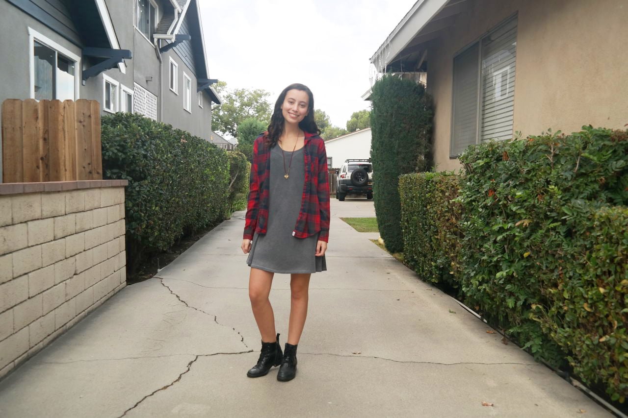 Warm weather fall and winter outfits: Plaid shirt over a t-shirt dress with boots