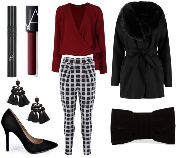 Plaid pants going out set with black jacket, black pointy heels, black earrings, burgundy lipstick, black mascara, burgundy shirt, and bow tie clutch.