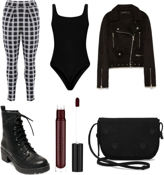 How to wear plaid pants: Plaid pants outfit with black and white plaid pants, leather jacket, black bodysuit, black boots, burgundy lipstick, and black purse.