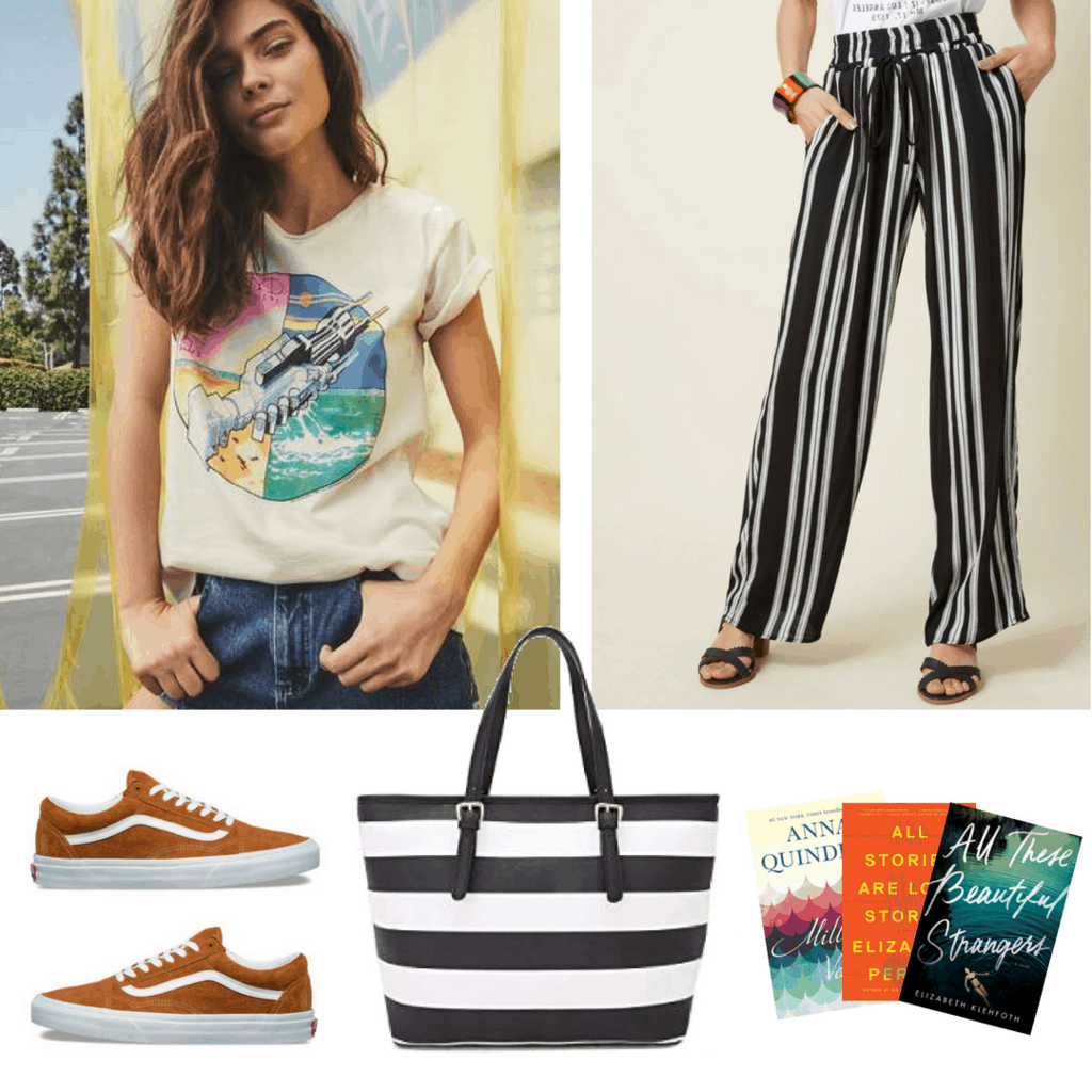 Pairing Stripes With Stripes: Retro Pink Floyd Shirt; Striped Palazzo Pants; Large Striped Tote; Golden Yellow Suede Vans; Books for your Flight