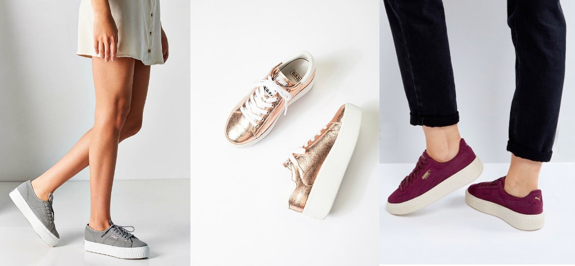 Platform sneakers trend (photos from left-to-right): grey platform sneakers with white soles from Urban Outfitters, metallic rosegold lace-up sneakers from Free People, and burgundy wine Puma sneakers from ASOS.