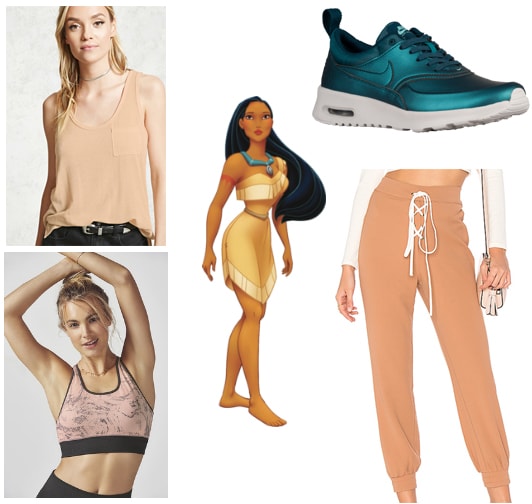 Pocahontas workout outfit with tan jogger pants, rose pink sports bra, beige pocket tank and jade metallic shoes - disney princess workout outfits