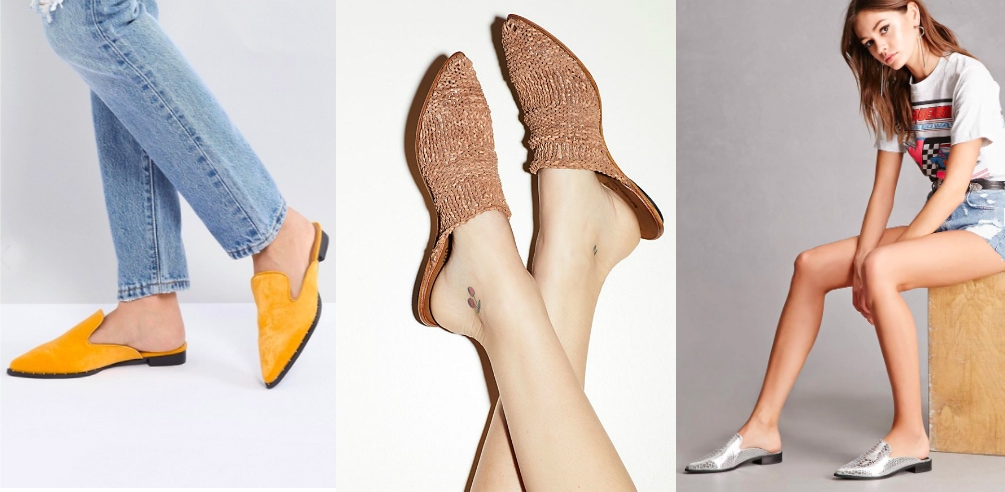 Pointed toe flat mule trend (from left to right): mustard loafter-style western mules from ASOS, brown woven knit mules from Free People, and silver slip-ons from Forever 21.