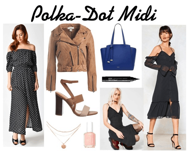 2 Polka Dot Midi Dresses, suede jacket, block heels, 3-strand necklace, pink nail polish, blue tote, eyeliner