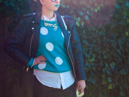 Polka dot sweater and biker jacket at risd