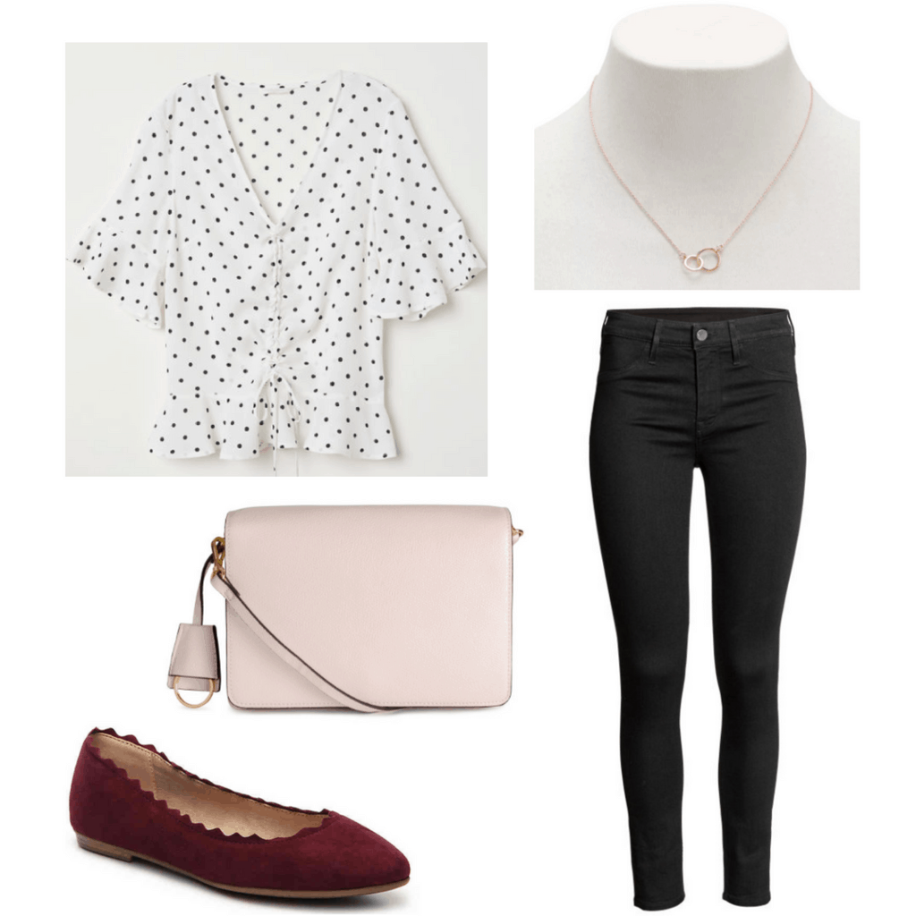 polka dotted top, gold necklace, beige purse, black jeans, burgundy scalloped flats,