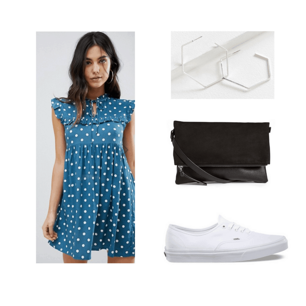 polka dotted dress, with silver earrings, black shoulder bag, and white vans