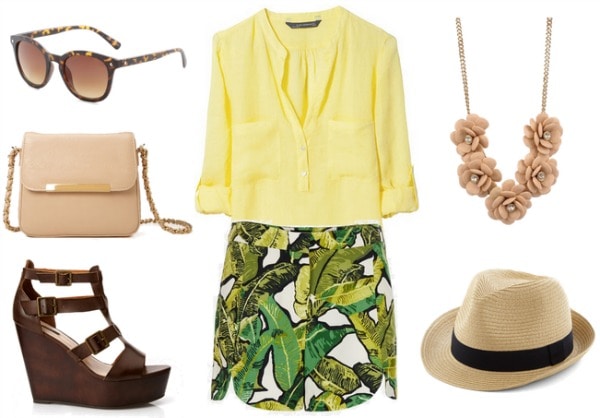 Polynesian Resort Outfit - yellow blouse, leaf print shorts, wedges