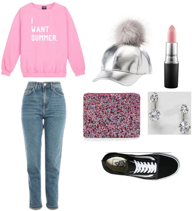 Metallic pom pom hat with light pink sweater, denim mom jeans, glitter clutch, black vans, silver earrings, and pink lipstick.