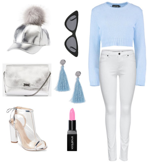 metallic pom pom cap with light blue crop sweater, white denim jeans, light blue earrings, pink lipstick, black cat eye sunglasses, metallic purse, and clear open toe heels.