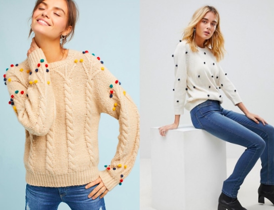 Pom pom sweater trend from left to right: tan pom pom cableknit sweater with rainbow pom poms from Anthropologie and a white sweater with small black pom poms from ASOS.