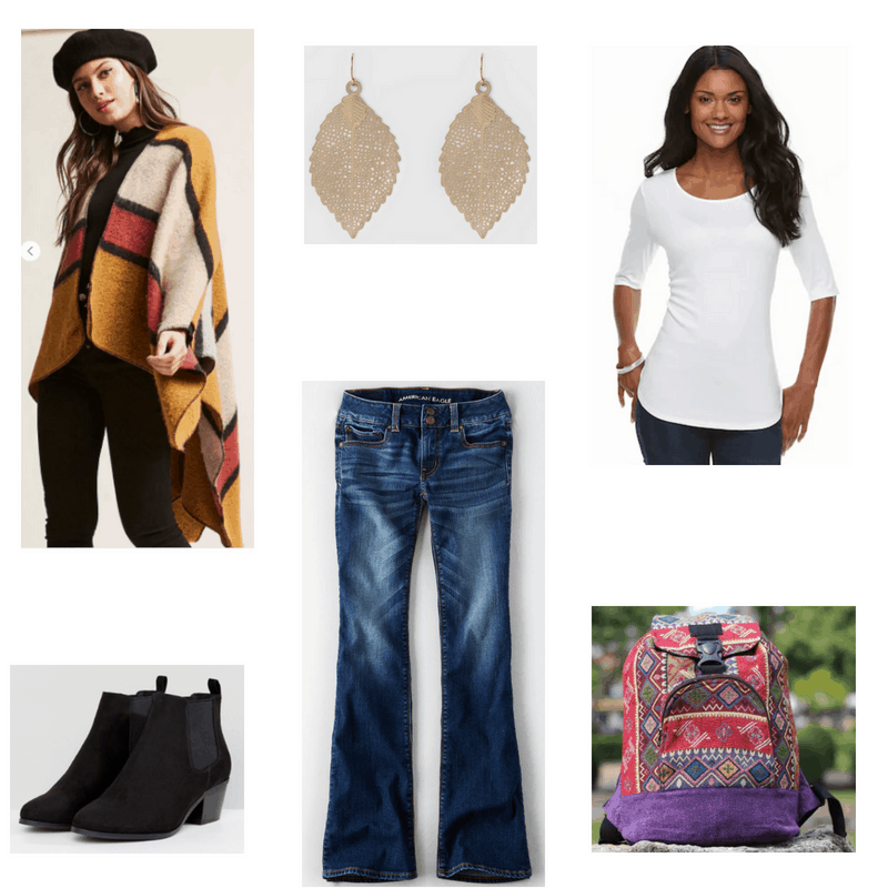 Outfit with poncho, white tee, flared jeans, black ankle boots, leaf earrings, and printed backpack