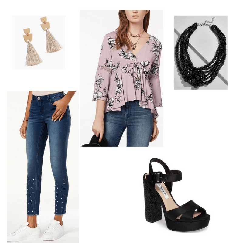 Pop Music Inspired Outfit with printed top, embellished jeans, black necklace, tassel earrings, and black heels