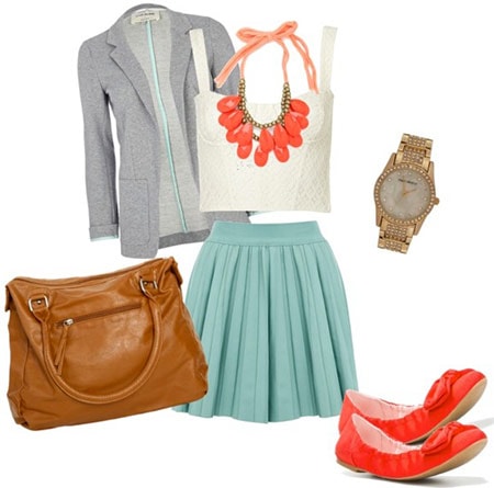 Style a bustier and skirt with pops of color, with coral flats and a statement necklace, a simple tote, grey cardigan and classic watch