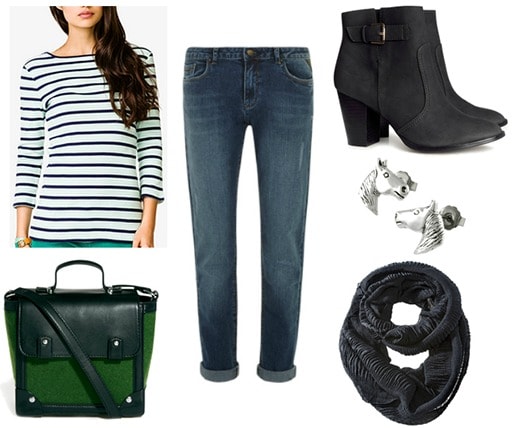 Portrait of mademoiselle chanel inspired outfit - stripe shirt, jeans, boots