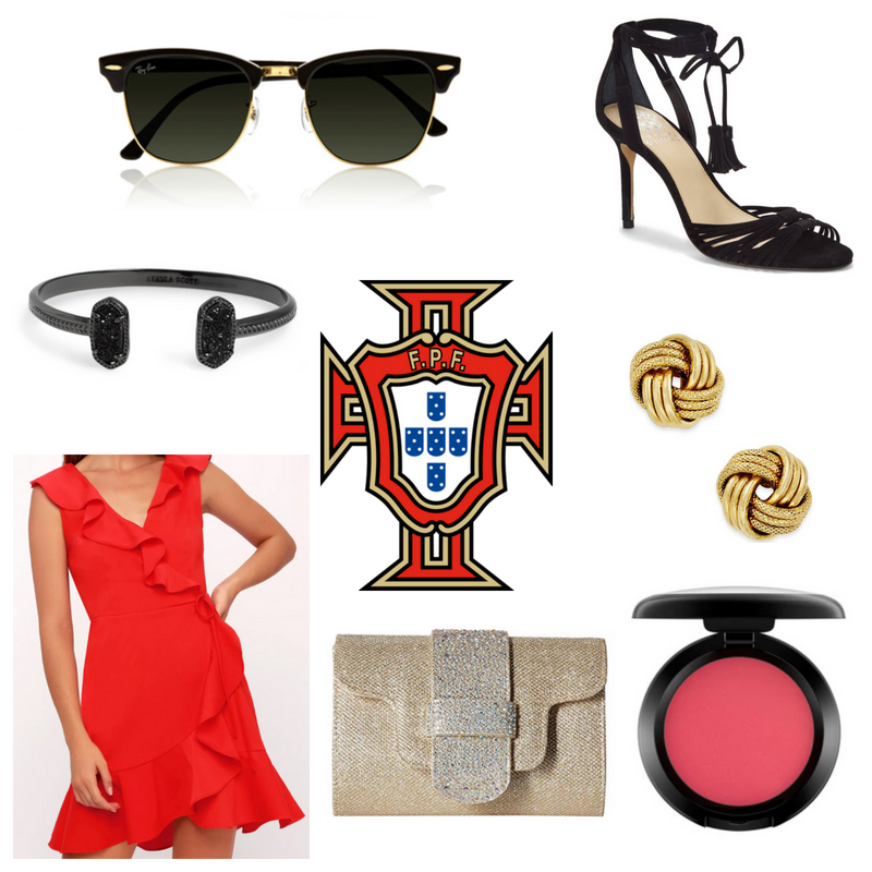 World Cup fashion: Outfit inspired by Portugal with red ruffle dress, black sunglasses, black lace up heels, gold clutch, gold earrings