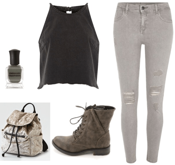 black mock turtleneck tank top grey skinny jeans green boots metallic backpack dark grey nail polish