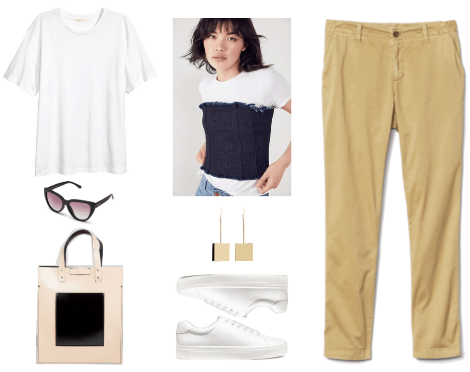 "Prep Remix: How to Wear Preppy Staples for Fall 2017" Outfit #1: Chinos--featuring white short-sleeved crew-neck t-shirt, black cat-eye sunglasses with purple lenses, beige patent tote with black patch pocket at front, denim bustier in dark wash, gold square geometric folded drop earrings, white sneakers, beige girlfriend-fit chinos with stripe down side of leg