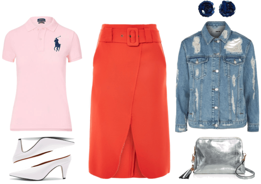 "Prep Remix: How to Wear Preppy Staples for Fall 2017" Outfit #2: Polo Shirt--featuring pale pink short-sleeved polo shirt with large navy blue Ralph Lauren logo at left side of chest, white pointed-toe mules with heel, bright tomato-red belted curved wrap midi skirt, large navy blue sequin flower-shaped earrings, ripped denim jacket in medium wash, metallic silver double-pouch cross-body bag with fringe and gold hardware