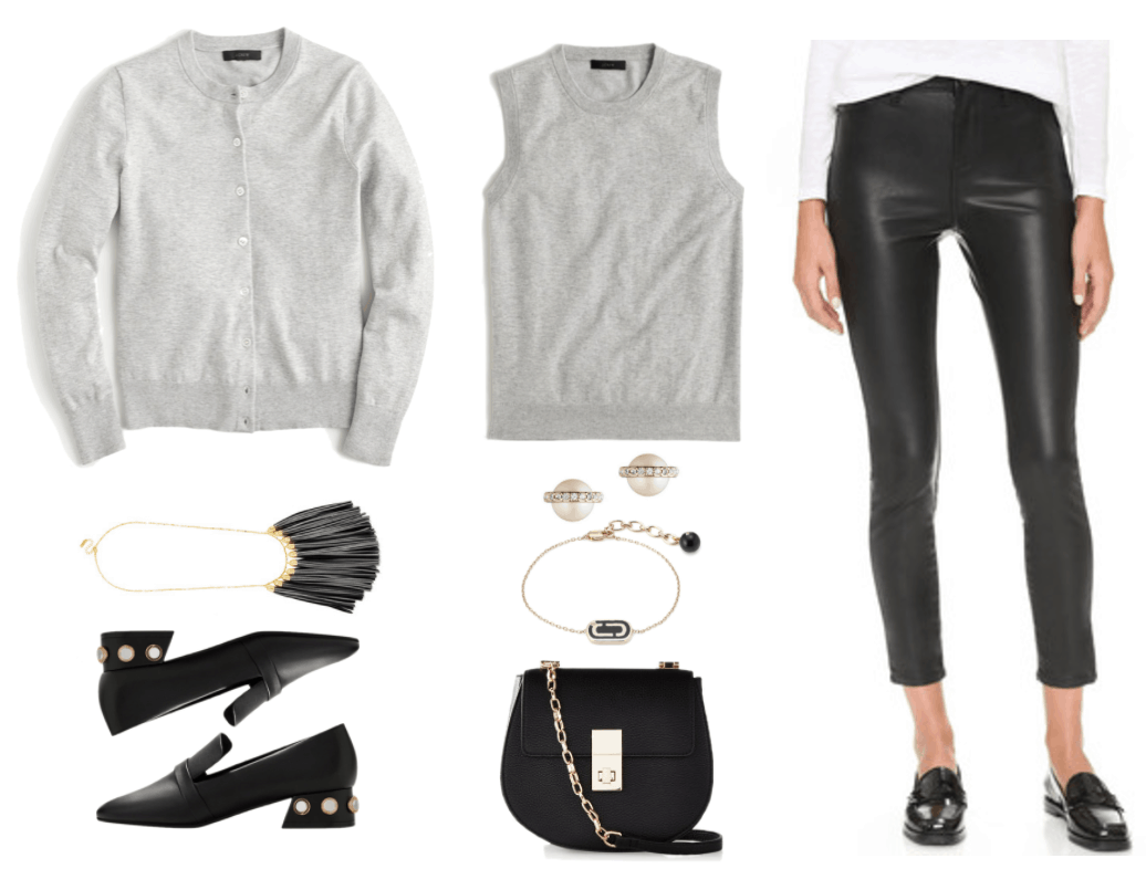 "Prep Remix: How to Wear Preppy Staples for Fall 2017" Outfit #3: Sweater Set--featuring light gray cardigan, long gold necklace with black leather tassels, black chunky-heeled loafers with mirror embellishments on heel, light gray sleeveless shell, faux pearl earrings with pavé clear stones and gold foundations, gold bracelet with crystal-dotted black accent with Marc Jacobs logo in gold and black ball, black cross-body bag with gold chain strap and hardware and turnlock closure, black faux leather mid-rise skinny pants
