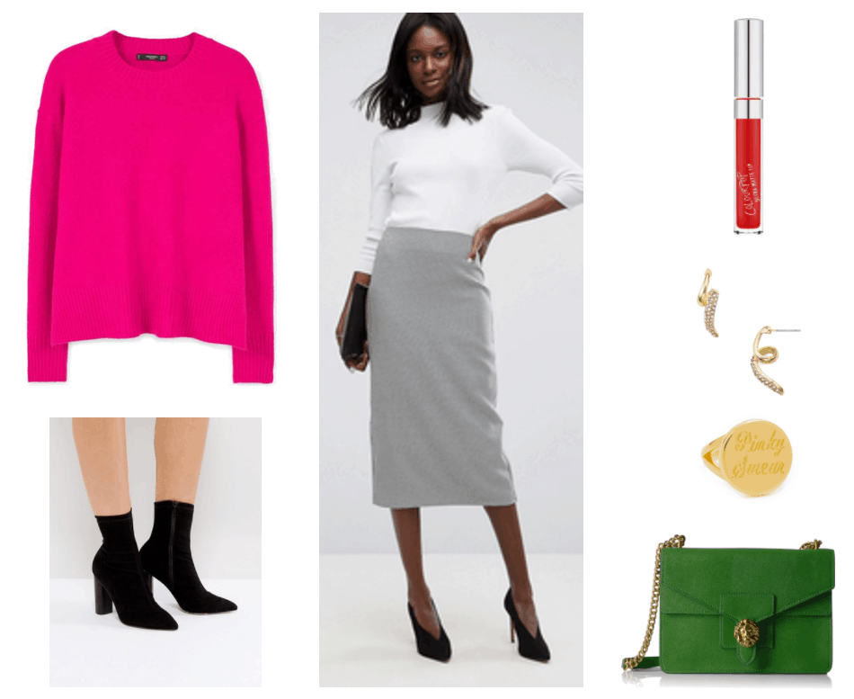 "Prep Remix: How to Wear Preppy Staples for Fall 2017" Outfit #3: Pencil Skirt--featuring bright pink loose-fitting sweater with splits at sides, black heeled sock ankle boots, black-and-white herringbone pencil midi skirt, ColourPop Ultra Matte Lip Liquid Lipstick in "Creeper," a classic blue-red shade; gold twist stud earrings with clear stones; gold round signet pinky ring with "Pinky Swear" engraved in it; green double-flap cross-body bag with gold chain strap and lion closure