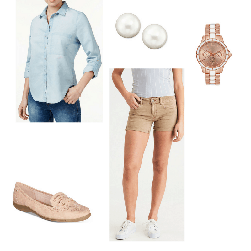 Preppy finals outfit with chambray shirt, shorts, pearl earrings, watch, and loafers