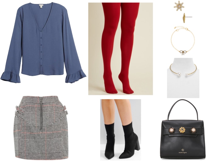 Preppy outfit with a modern twist: Blue button-down blouse with bell sleeves, structured mini skirt in plaid, red tights, black sock booties, pearl necklace, simple earrings, bracelet, black kate spade purse