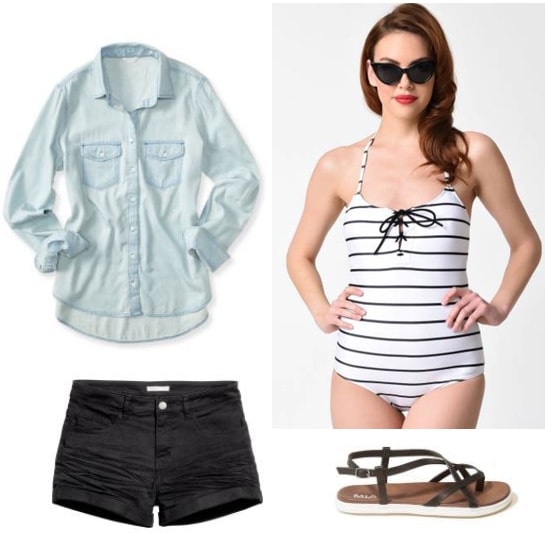 Beach day outfit ideas: Preppy outfit for a beach day with striped black and white one piece bathing suit, chambray shirt, black shorts, black sandals