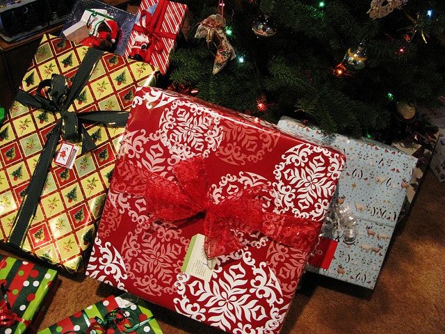 Wrapped presents under a Christmas tree