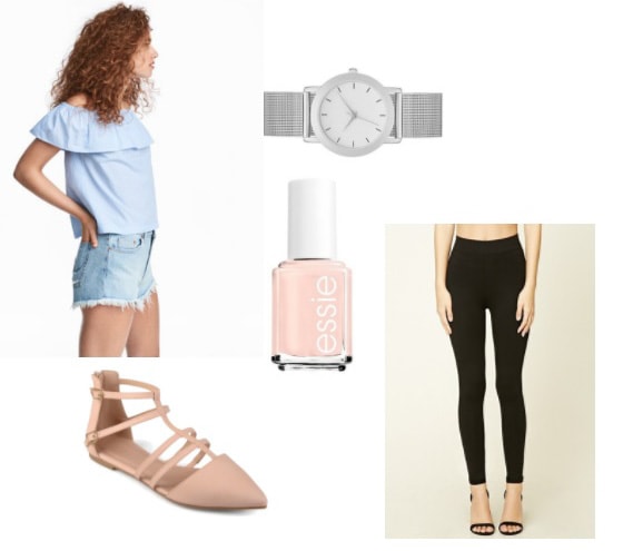 How to style an off-the-shoulder light blue top with black leggings, pale pink pointed toe flats, silver watch