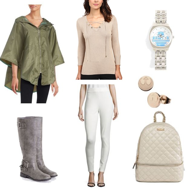 Princess Leia rebel outfit: White ponte pants, gray boots, tan lace-up sweater, green rain slicker, white backpack