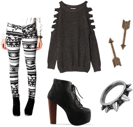 rinted pants outfit: Striped black and white leggings, cutout sweater, Lita boots, edgy jewelry