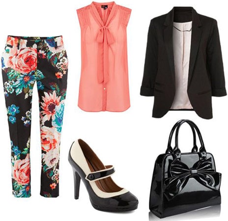 Floral print pants, sheer blouse, blazer, mary-janes