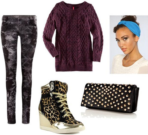 Edgy way to wear printed pants: sweater, sneaker wedges, studded clutch, turband