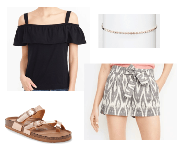 Cute outfit idea for warm weather: Patterned shorts in grey and white, rose gold birkenstock-style sandals, off the shoulder ruffle top in black, rose gold choker