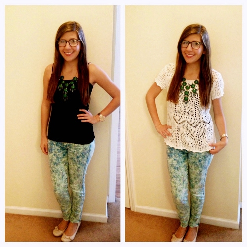 Printed skinny jeans and statement necklaces