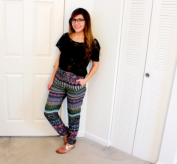 Printed Challis Pants with elastic ankle hemlines and crochet crop top