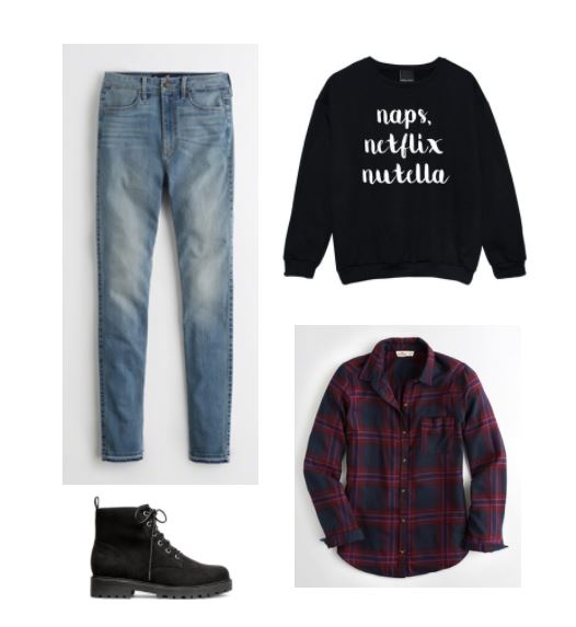 How to have a productive weekend. Comfy and cozy fall weekend outfit with skinny jeans, plaid shirt, Naps, Netflix, Nutella sweatshirt, lace-up booties