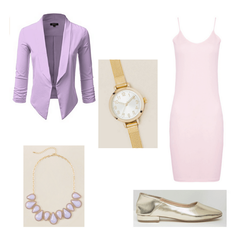 An outfit set of a lilac blazer, pink spaghetti strap dress, gold loafers, lavender statement necklace, and gold watch.