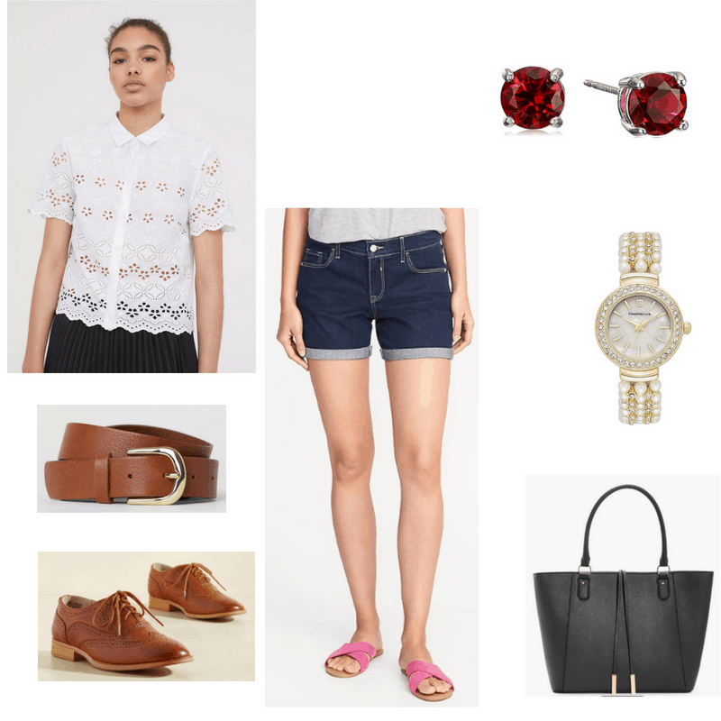 Summer Work Outfit with denim shorts, eyelet blouse, ruby studs, pearl watch, brown oxfords, brown belt, and black tote