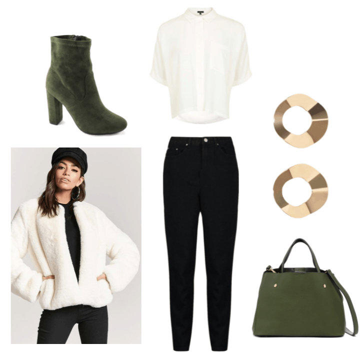 Professor Quack Spy Fox Outfit Inspiration: Twisted, gold hoop earrings, white button up, green booties, green faux leather tote, whit, faux fur coat and black skinny jeans