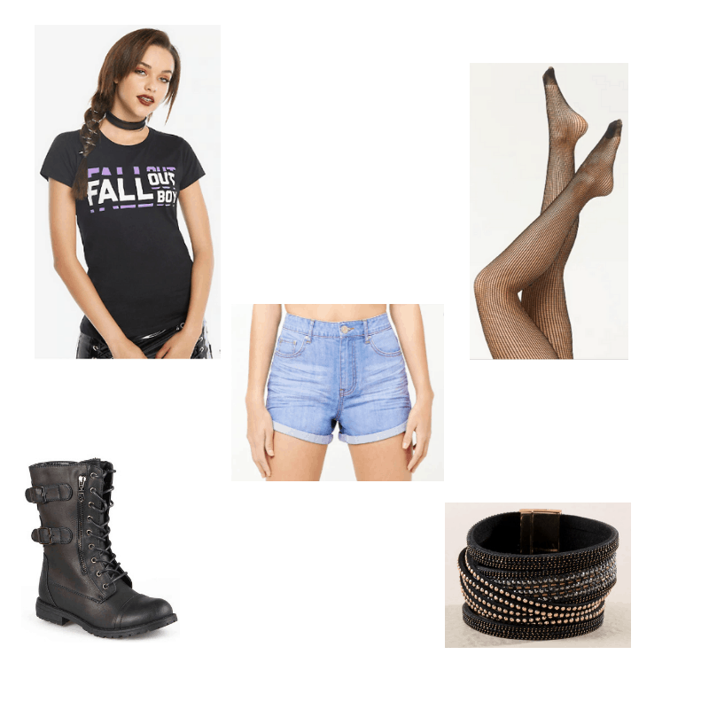 Outfit with Fall Out Boy tee, denim shorts, fishnet tights, combat boots, and studded bracelet